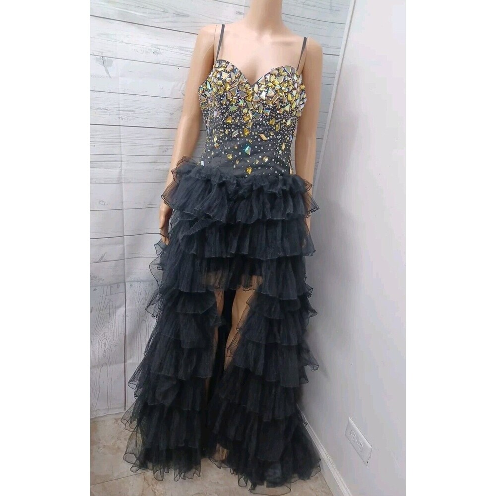 DAVE & JOHNNY Hi Low Tiered Ruffles Tulle Beaded  Long Prom Formal Dress Sz 5/6